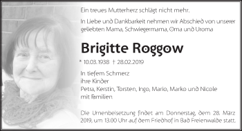 Traueranzeige von Brigitte Roggow von Märkische Oderzeitung