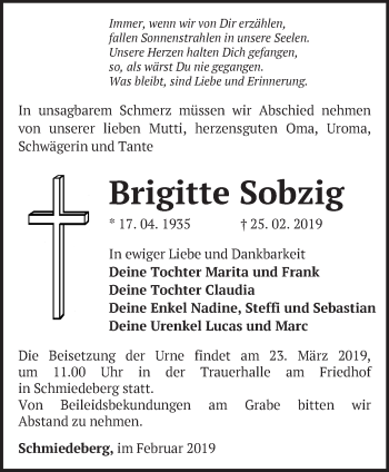 Traueranzeige von Brigitte Sobzig von Märkische Oderzeitung