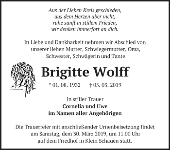 Traueranzeige von Brigitte Wolff von Märkische Oderzeitung