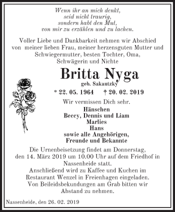 Traueranzeige von Britta Nyga von Märkische Oderzeitung