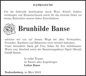 Traueranzeige von Brunhilde Banse von Märkische Oderzeitung