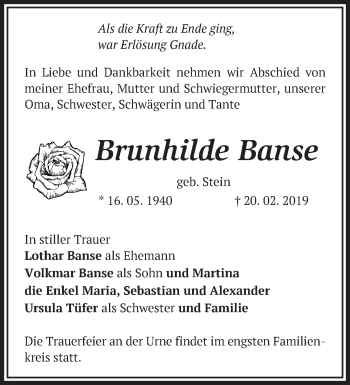 Traueranzeige von Brunhilde Banse von Märkische Oderzeitung