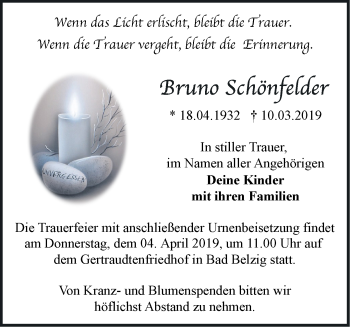 Traueranzeige von Bruno Schönfelder von Märkische Oderzeitung