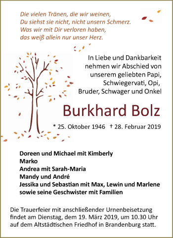 Traueranzeige von Burkhard Bolz von Märkische Oderzeitung