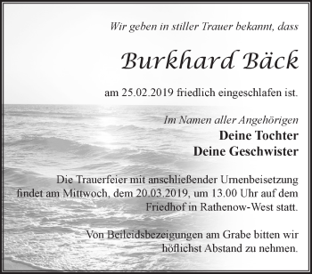 Traueranzeige von Burkhard Bäck von Märkische Oderzeitung