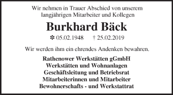 Traueranzeige von Burkhard Bäck von Märkische Oderzeitung