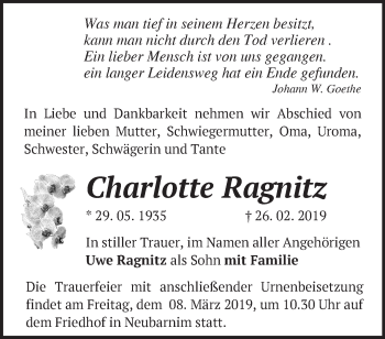 Traueranzeige von Charlotte Ragnitz von Märkische Oderzeitung