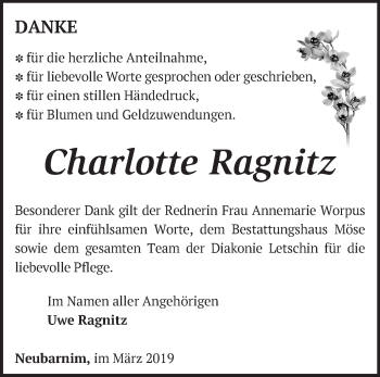 Traueranzeige von Charlotte Ragnitz von Märkische Oderzeitung