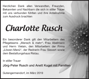 Traueranzeige von Charlotte Rusch von Märkische Oderzeitung