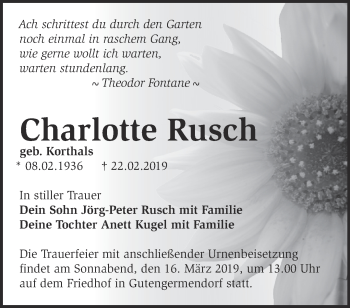 Traueranzeige von Charlotte Rusch von Märkische Oderzeitung