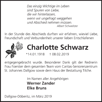 Traueranzeige von Charlotte Schwarz von Märkische Oderzeitung