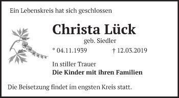 Traueranzeige von Christa Lück von Märkische Oderzeitung