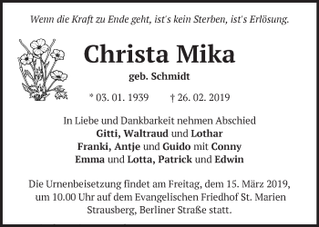 Traueranzeige von Christa Mika von Märkische Oderzeitung