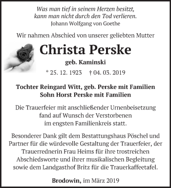 Traueranzeige von Christa Perske von Märkische Oderzeitung