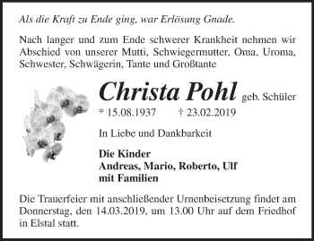 Traueranzeige von Christa Pohl von Märkische Oderzeitung