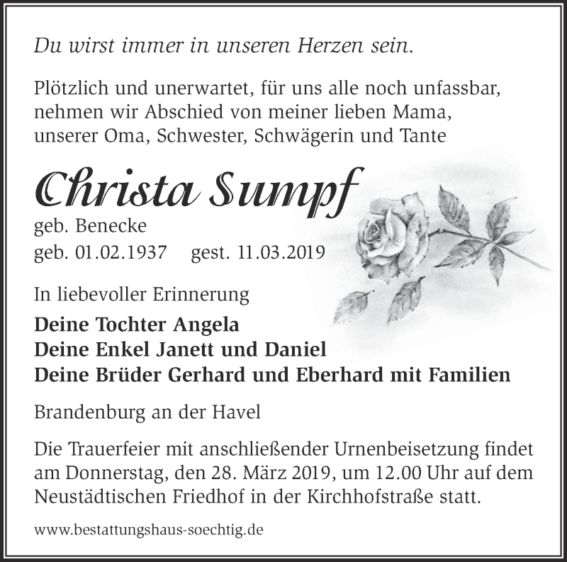 Traueranzeigen Von Christa Sumpf Märkische Onlinezeitung Trauerportal 