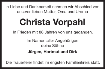 Traueranzeige von Christa Vorpahl von Märkische Oderzeitung