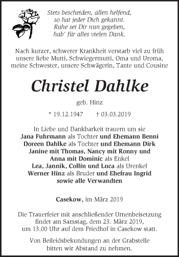 Traueranzeige von Christel Dahlke von Märkische Oderzeitung