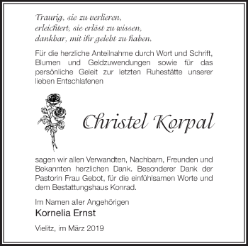 Traueranzeige von Christel Korpal von Märkische Oderzeitung