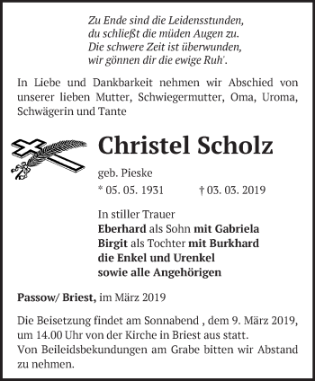 Traueranzeige von Christel Scholz von Märkische Oderzeitung