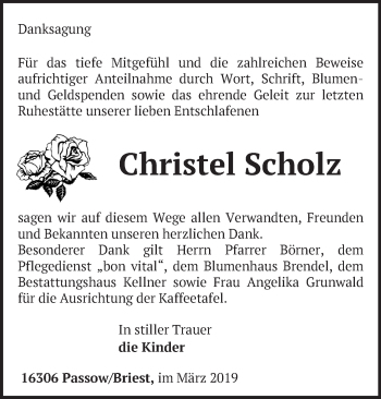 Traueranzeige von Christel Scholz von Märkische Oderzeitung