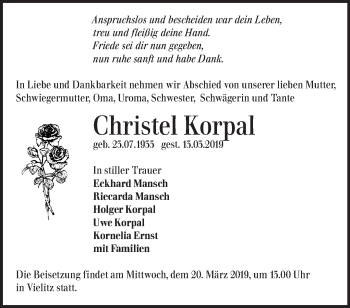 Traueranzeige von Christel Kor Korpal von Märkische Oderzeitung