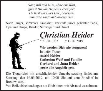 Traueranzeige von Christian Heider von Märkische Oderzeitung