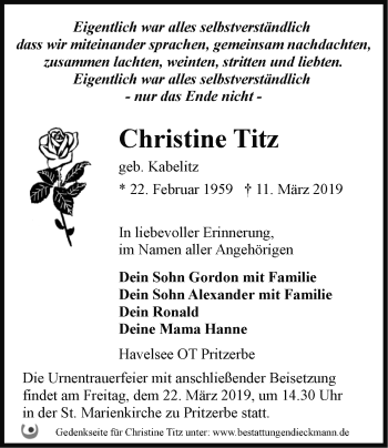 Traueranzeige von Christine Titz von Märkische Oderzeitung