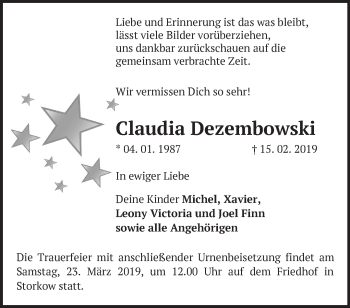 Traueranzeige von Claudia Dezembowski von Märkische Oderzeitung