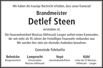 Traueranzeige von Detlef Steen von Märkische Oderzeitung