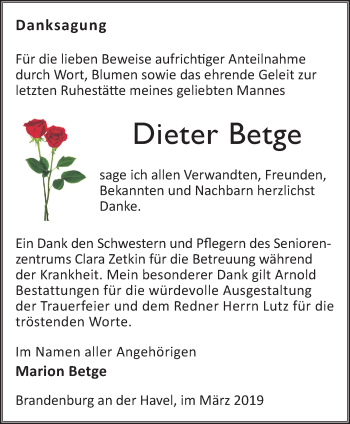 Traueranzeige von Dieter Betge von Märkische Oderzeitung
