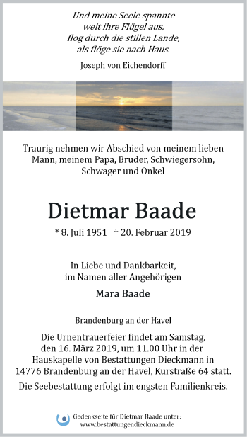 Traueranzeige von Dietmar Baade von Märkische Oderzeitung