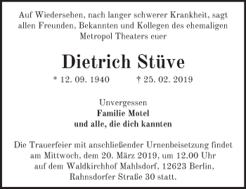 Traueranzeige von Dietrich Stüve von Märkische Oderzeitung