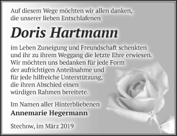 Traueranzeige von Doris Hartmann von Märkische Oderzeitung