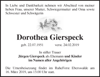 Traueranzeige von Dorothea Gierspeck von Märkische Oderzeitung