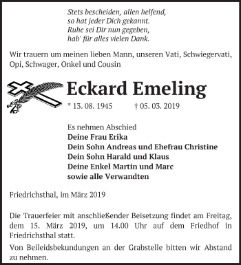 Traueranzeige von Eckard Emeling von Märkische Oderzeitung