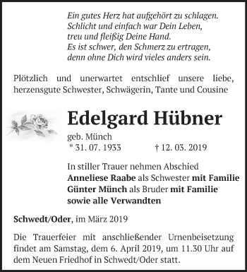 Traueranzeige von Edelgard Hübner von Märkische Oderzeitung