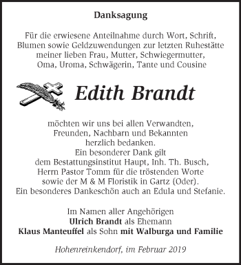 Traueranzeige von Edith Brandt von Märkische Oderzeitung