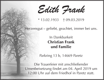 Traueranzeige von Edith Frank von Märkische Oderzeitung