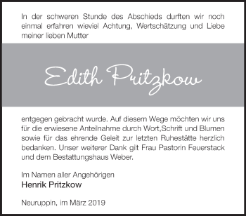 Traueranzeige von Edith Pritzkow von Märkische Oderzeitung