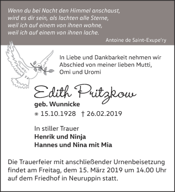 Traueranzeige von Edith Pritzkow von Märkische Oderzeitung