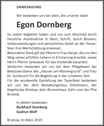 Traueranzeige von Egon Dornberg von Märkische Oderzeitung