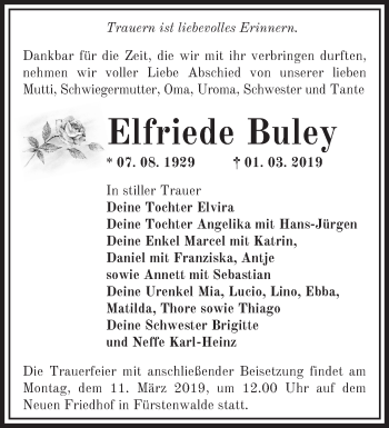 Traueranzeige von Elfriede Buley von Märkische Oderzeitung