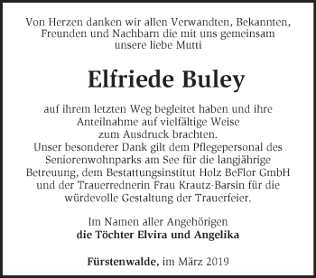 Traueranzeige von Elfriede Buley von Märkische Oderzeitung