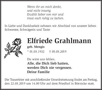 Traueranzeige von Elfriede Grahlmann von Märkische Oderzeitung