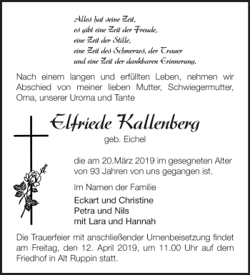 Traueranzeige von Elfriede Kallenberg von Märkische Oderzeitung