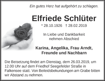 Traueranzeige von Elfriede Schlüter von Märkische Oderzeitung