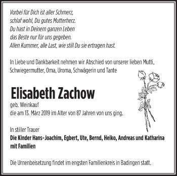 Traueranzeige von Elisabeth Zachow von Märkische Oderzeitung