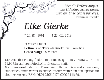 Traueranzeige von Elke Gierke von Märkische Oderzeitung