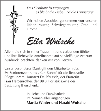 Traueranzeige von Ella Wulsche von Märkische Oderzeitung